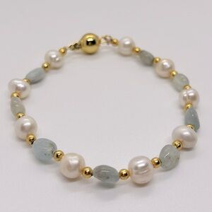 White Freshwater Pearl & Aquamarine Stones 18K GP Bracelet